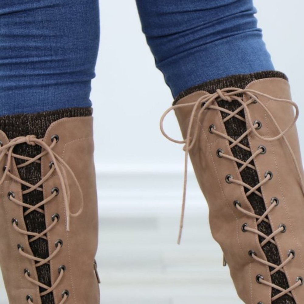Taupe Warm Winter Mid Calf Lace Back Boots - Picture 12 of 15